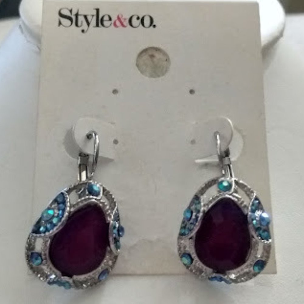 STYLE & CO. Retro Silver Red Purple/Aqua Crystal Lever Back Earrings**NEW! - Picture 2 of 4